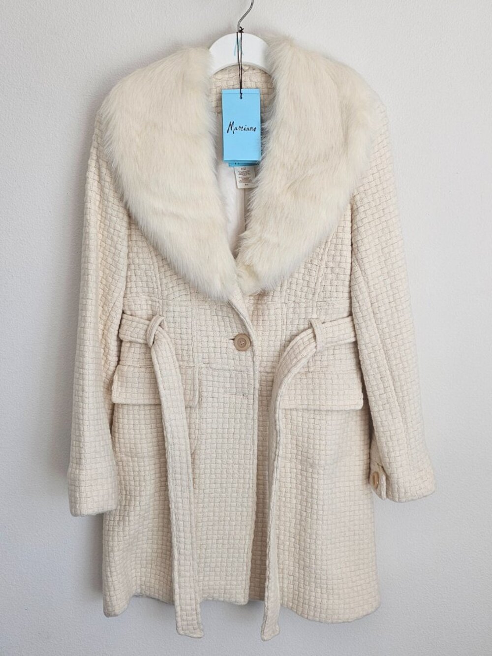 Marciano Cream Wool Blend Belted Coat Faux Fur Collar M - Picture 2 of 13